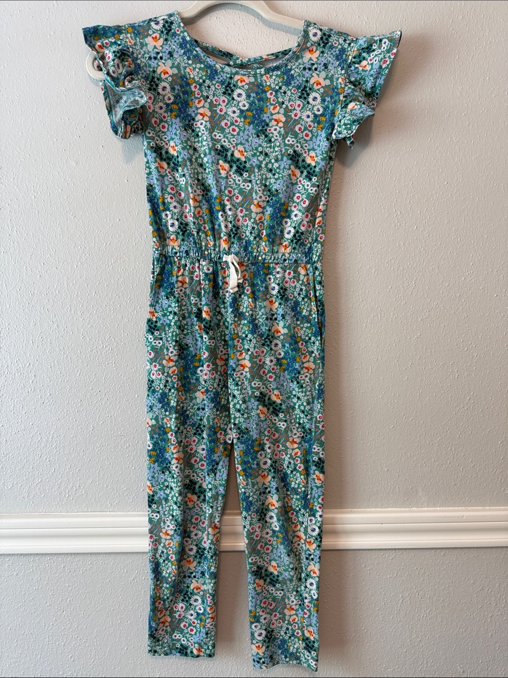 Tea Collection Teal Floral Short-Sleeve Jumpsuit with Waist Tie